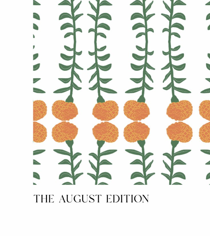 Bottom Left of Print_Pattern of orange flowers and green leaves with 'The August Edition' text on a white background