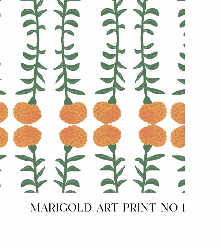 Bottom Right of print_Pattern of marigold flowers and green leaves on a white background with text 'Marigold Art Print No 1'.