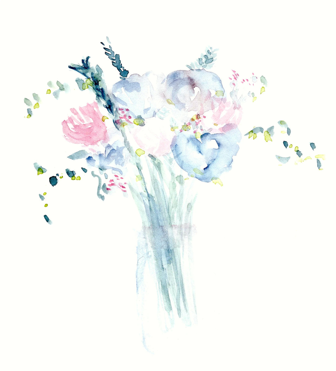 watercolor bouquet with various blue, pink, and green tones