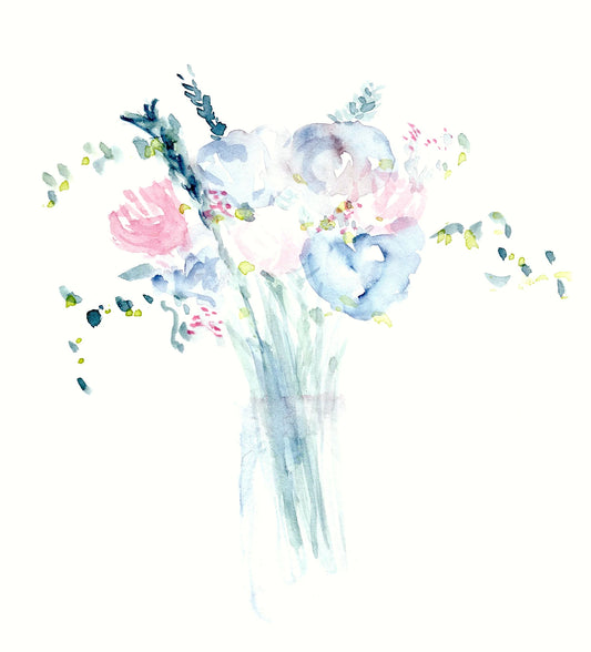 watercolor bouquet with various blue, pink, and green tones