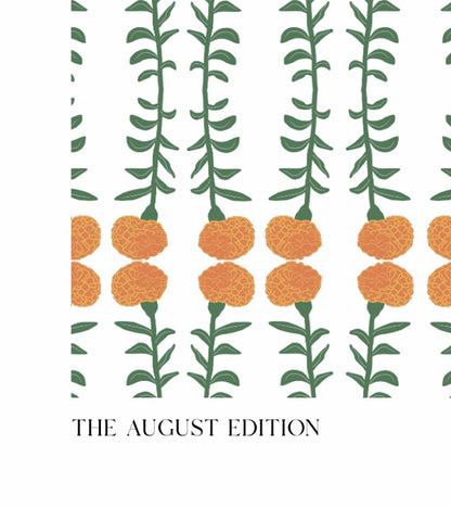 Bottom Left of Print_Pattern of orange flowers and green leaves with 'The August Edition' text on a white background