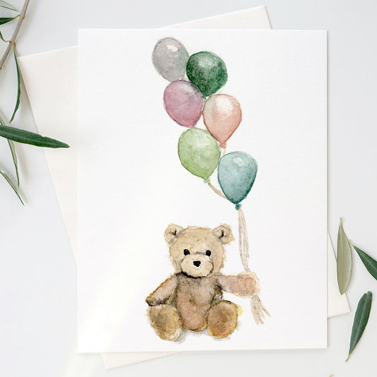 Hand-painted watercolor birthday card featuring a bear with colorful balloons – Bungalow House Studio