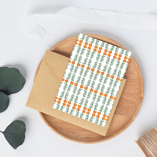 Marigold Print No 1 Greeting Card  – Handcrafted Floral Art Card – Perfect for Framing – A2 Stationery – Floral Collection