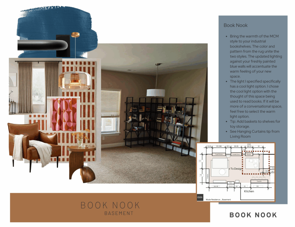 Showing the Book Nook in their Mid Century Modern-inspired basement.
